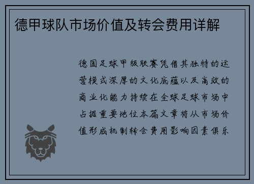 德甲球队市场价值及转会费用详解